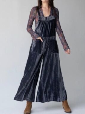 NATURAL LIFE Dakota Tie Velvet Wide-Leg Overalls Jumpsuit Pockets Charcoal Gray